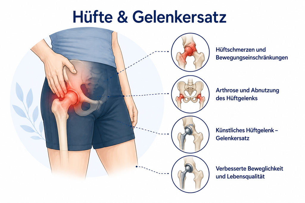 Schematische Darstellung von Hüfte sowie Hüft- und Kniegelenkersatz – physiotherapeutische Nachbehandlung in Delmenhorst